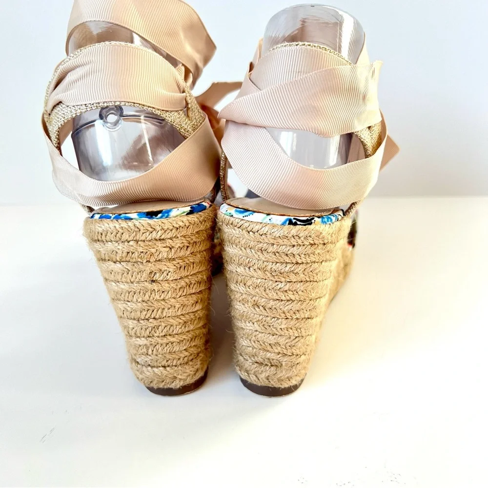 JUST FAB Rhondia Floral Espadrille Ankle Strap Wedge Sandals—SZ. 9